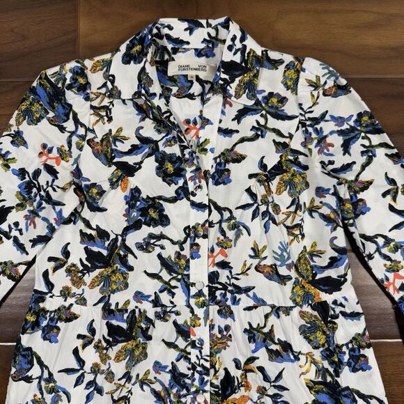 Diane Von Furstenberg Size XS White Floral Barry Gathered Poplin Midi Dress - Picture 2 of 13